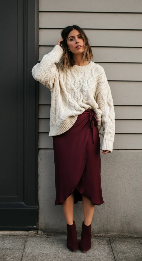 Chunky Knit with Silk Wrap Skirt