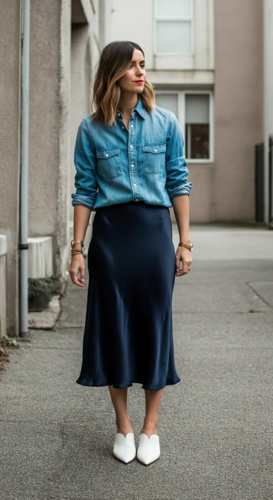 Denim Shirt with Silk Slip Skirt