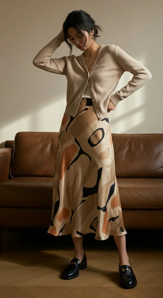 Cardigan and Printed Silk Skirt
