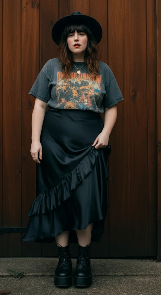 Band Tee and Ruffled Silk Skirt
