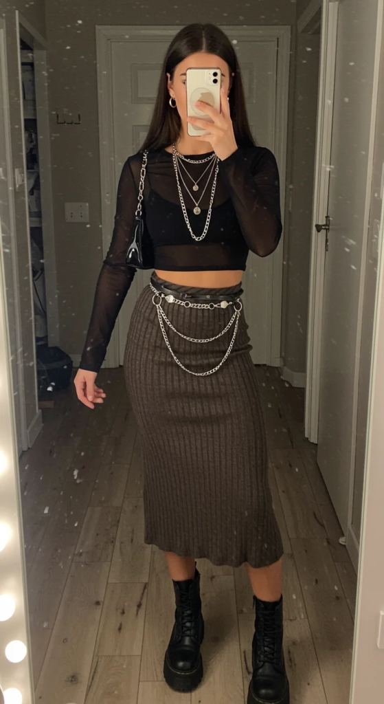 Mesh Top and High-Waisted Skirt