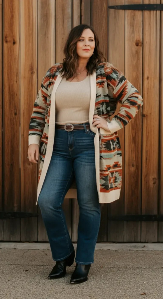 Southwestern Cardigan and Boot-Cut Jeans