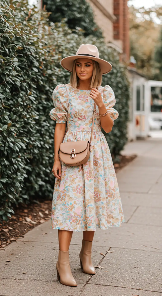 Puff-Sleeve Midi Dress and Ankle Boots