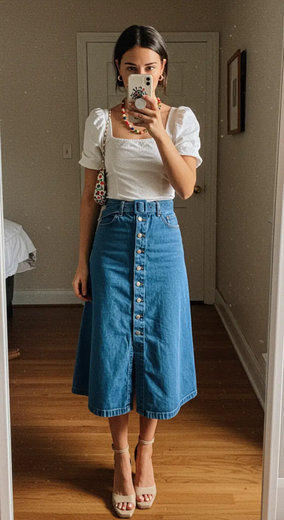 Denim Midi Skirt and Puff-Sleeve Blouse