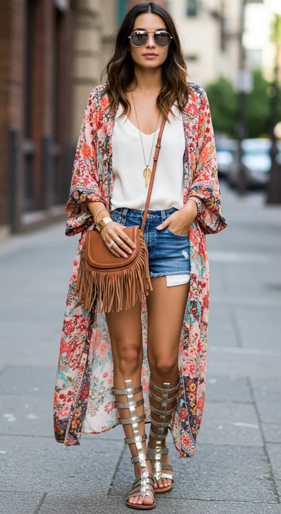 Printed Maxi Kimono over Tank and Shorts