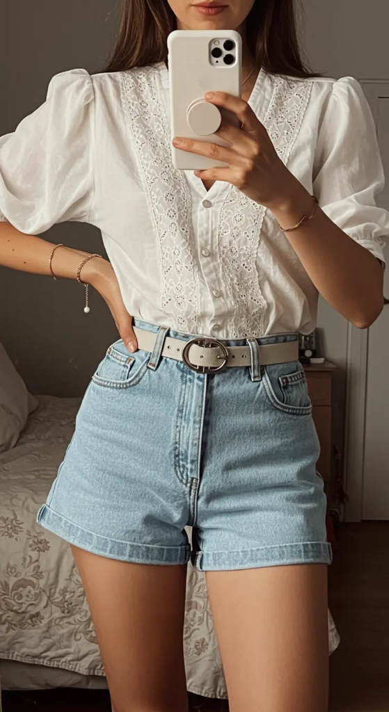 Lace-Trimmed Blouse and High-Waisted Shorts
