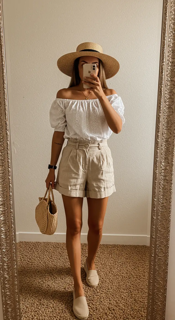 Linen Shorts and Off-Shoulder Blouse