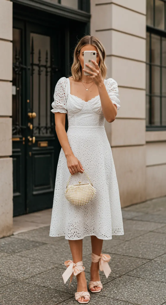 Eyelet Midi Dress and Ribbon-Tied Sandals