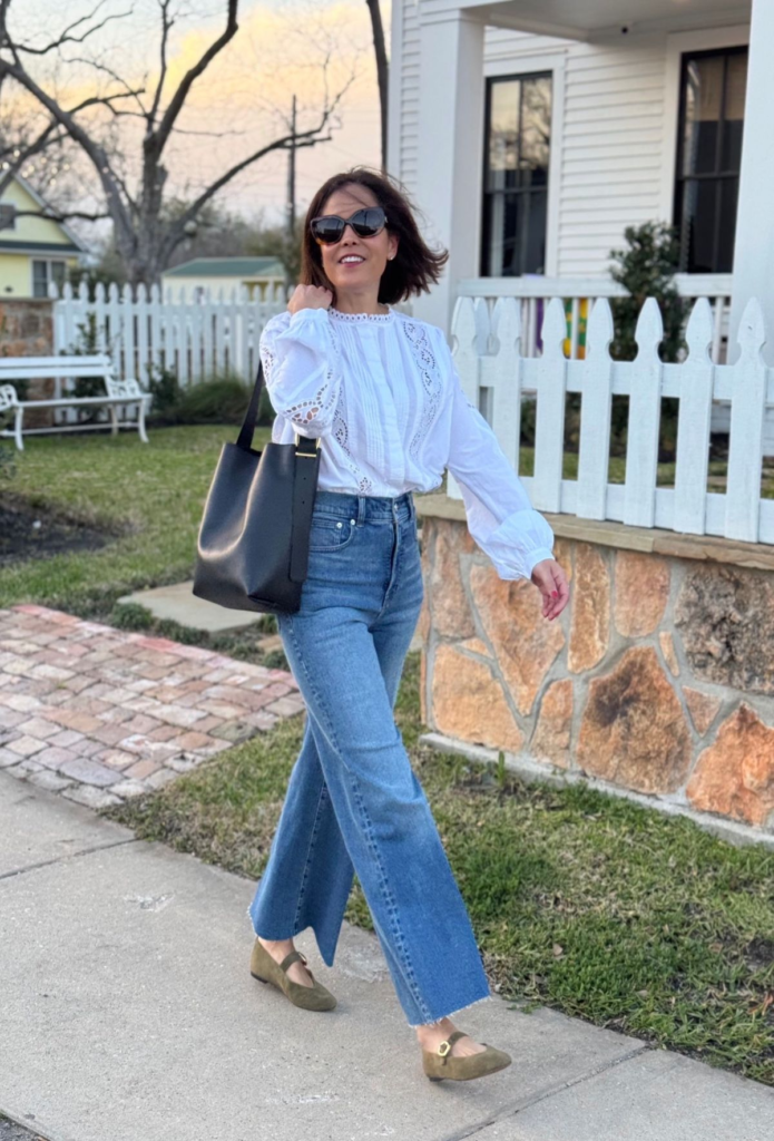 Broderie Anglaise Blouse and Denim Skirt
