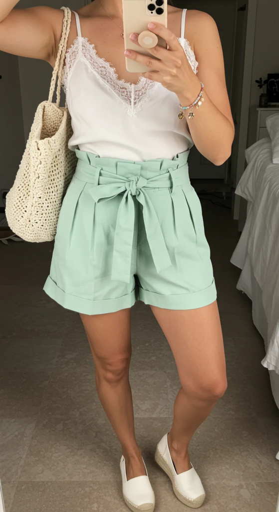 Lace-Trimmed Camisole and Paperbag Waist Shorts