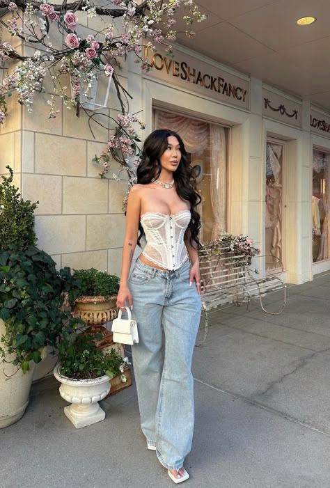 Lace-Up Corset Top and Wide-Leg Jeans