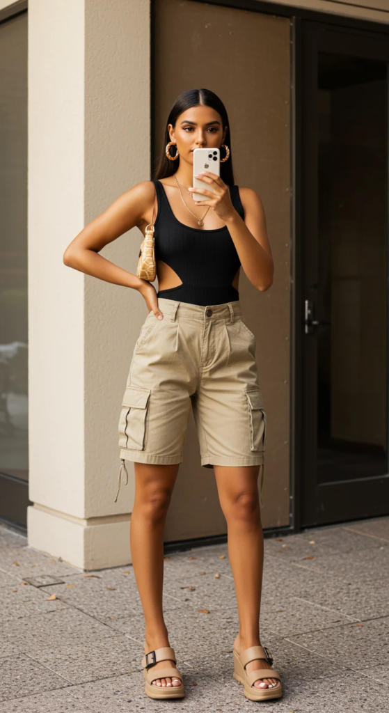 Cutout Bodysuit and Cargo Shorts
