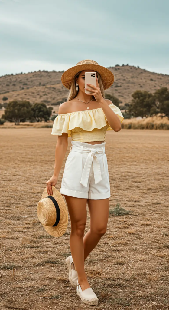 Off-Shoulder Top and Paperbag Waist Shorts