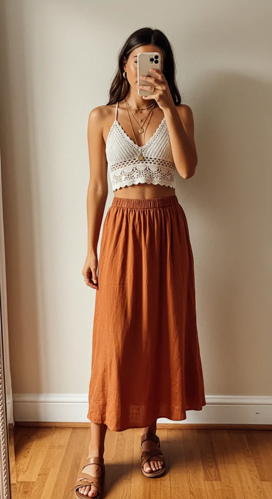 Crochet Top and High-Waisted Skirt
