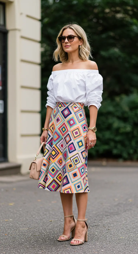 Off-Shoulder Blouse and Printed Midi Skirt