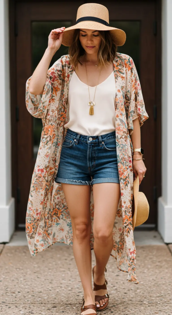 Kimono-Style Cardigan and Denim Shorts