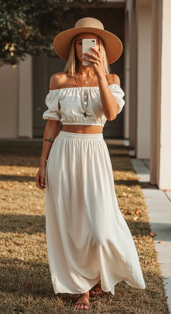  Off-Shoulder Crop Top and High-Waisted Skirt
