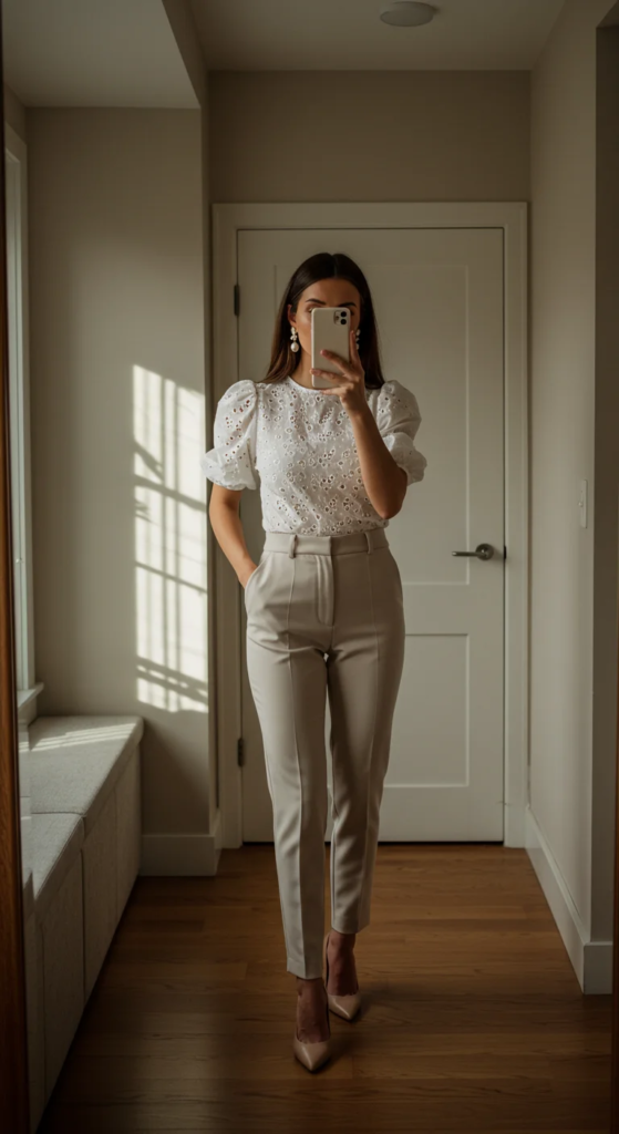  Broderie Anglaise Blouse and Slim-Fit Trousers