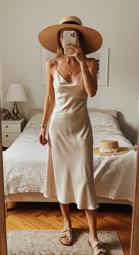 Silk Slip Dress and Oversized Sunhat