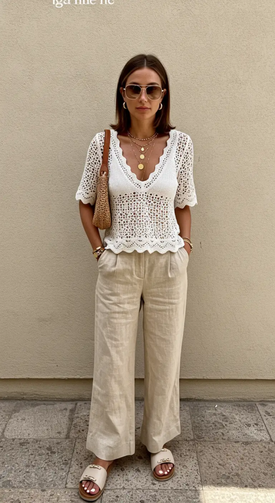 Crochet Top and Linen Trousers