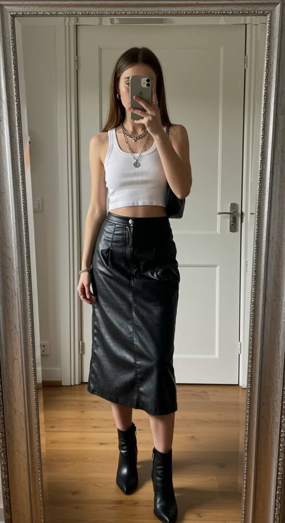  Leather Midi Skirt and Crop Top Combo