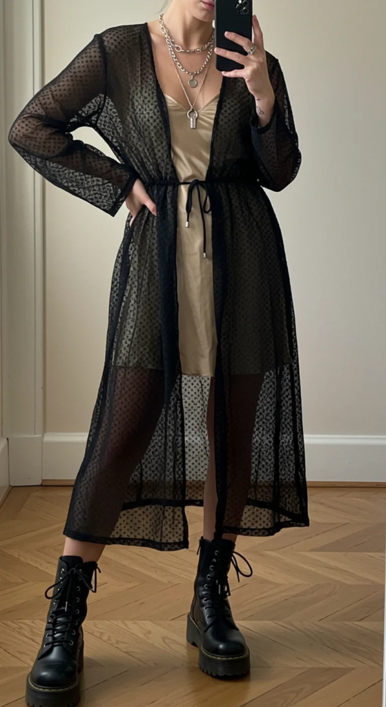 Mesh Overlay Dress with Combat Boots