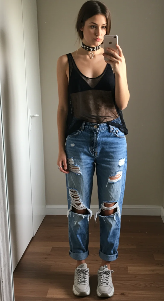 Mesh Layered Tank and Distressed Jeans