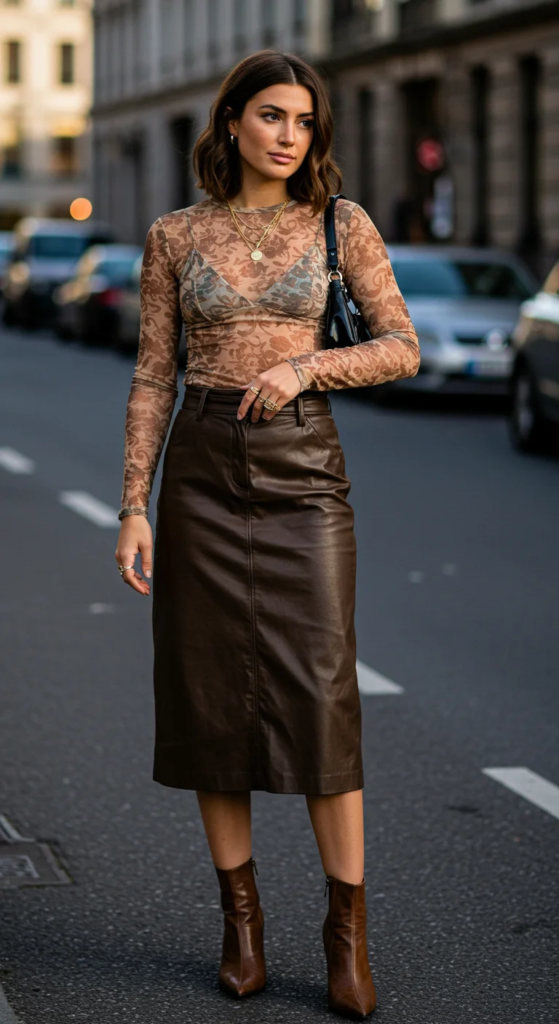  Printed Mesh Top and Leather Midi Skirt