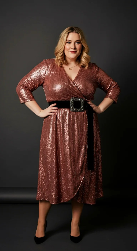 Sequin Wrap Dress with Statement Belt