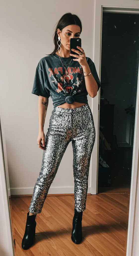 Oversized Band Tee and Sequin Pants