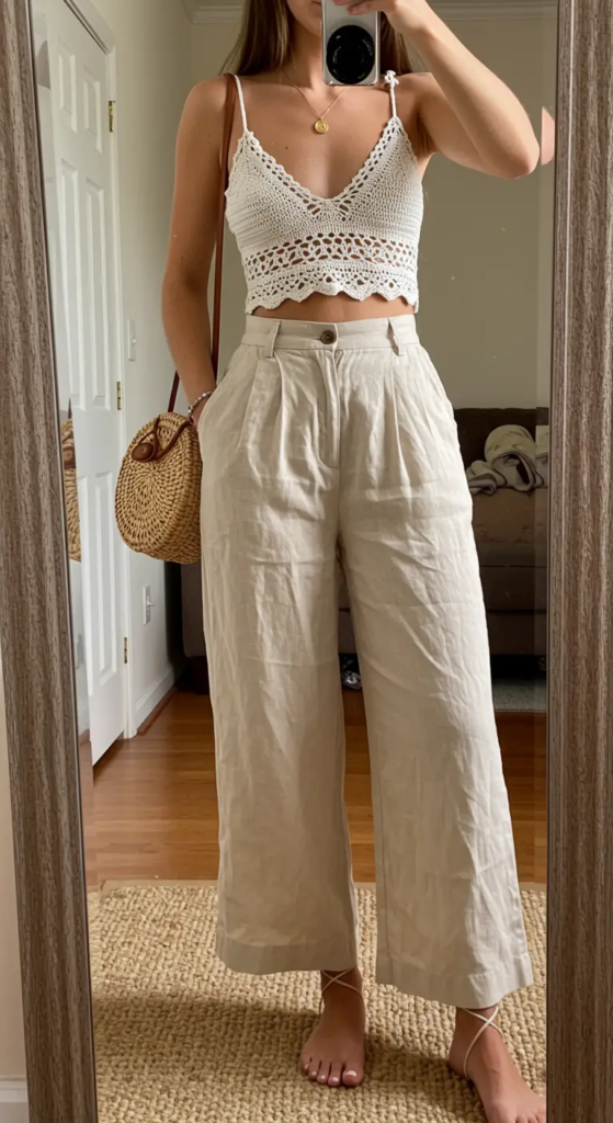 Crochet Crop Top and Wide-Leg Linen Pants
