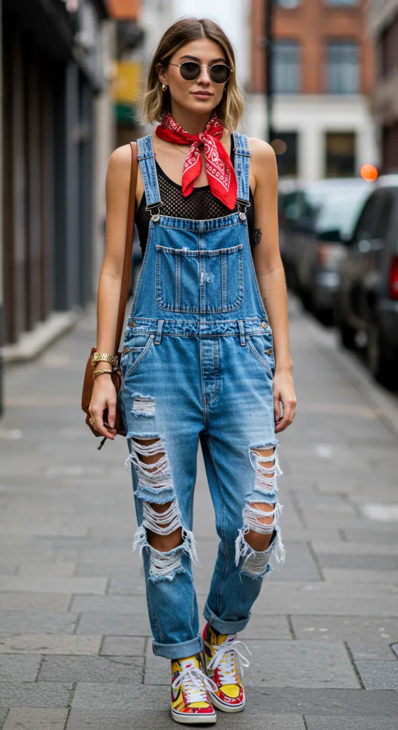 Denim Overalls and Mesh Tank