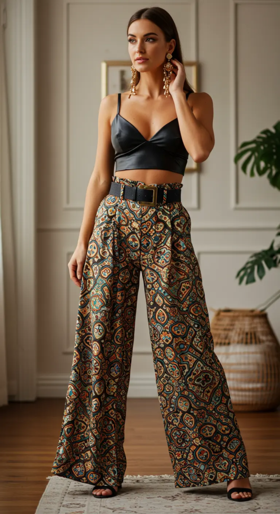 Leather Bralette and High-Waisted Palazzo Pants
