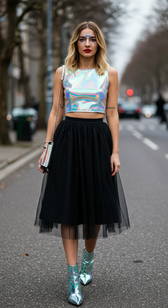 Holographic Crop Top and Tulle Skirt