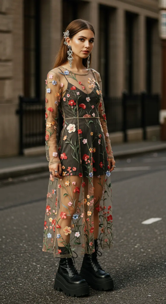 Mesh Overlay Dress and Chunky Boots