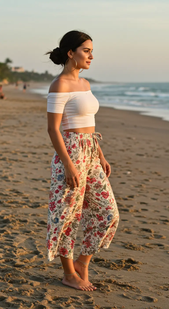 Off-Shoulder Crop Top and High-Waisted Palazzo Pants