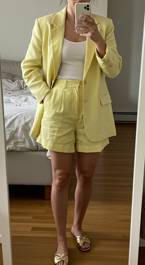 Linen Shorts Suit and Metallic Flat Sandals