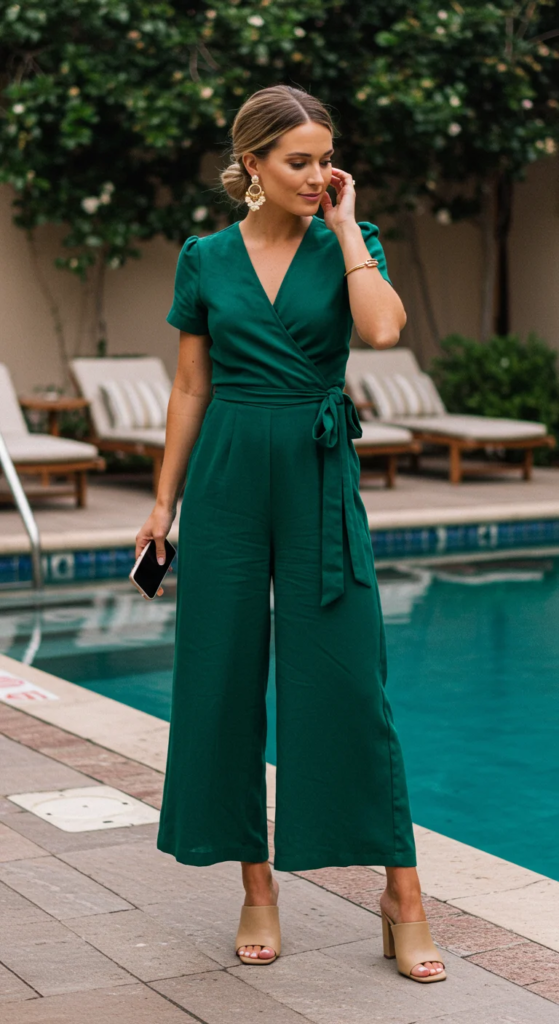 Wrap Jumpsuit and Block Heel Mules