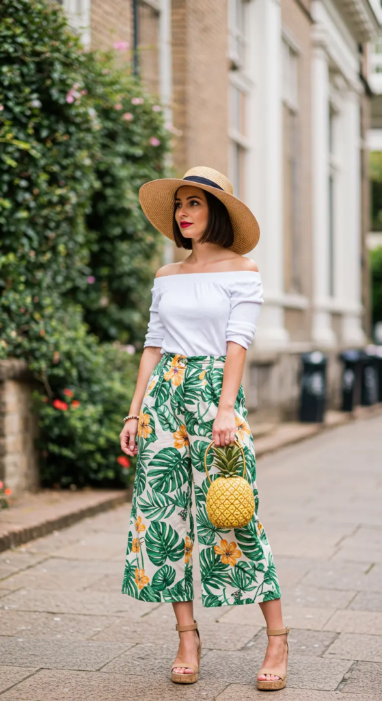  Off-Shoulder Blouse and Printed Culottes