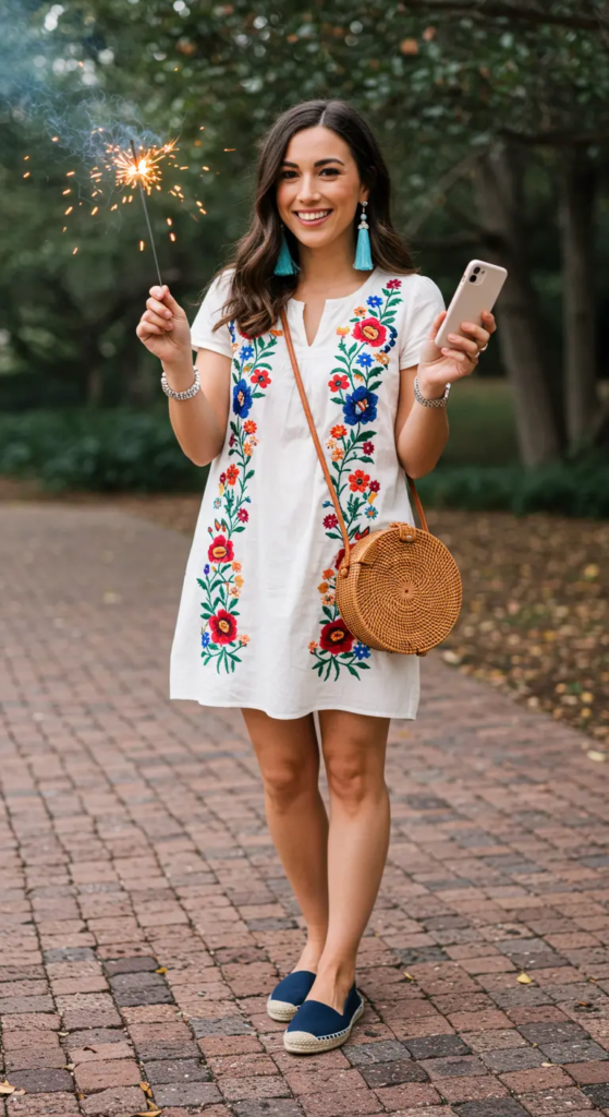 Embroidered Shift Dress and Espadrille Flats