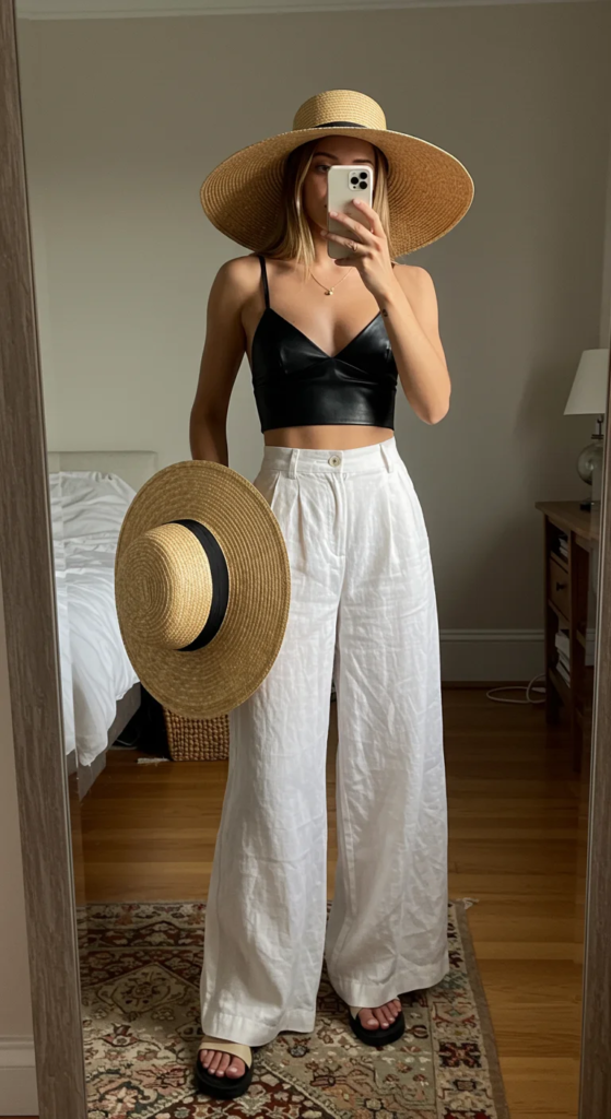 Leather Bralette and Wide-Leg Linen Trousers