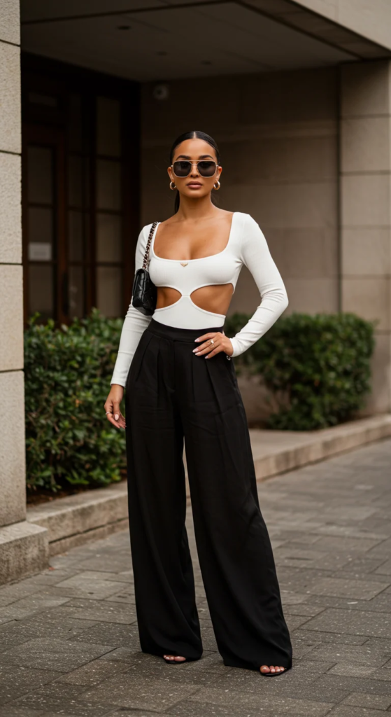 Cutout Bodysuit and High-Waisted Palazzo Pants