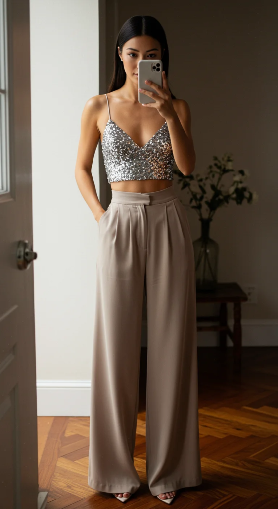 Sequin Bralette and High-Waisted Palazzo Pants