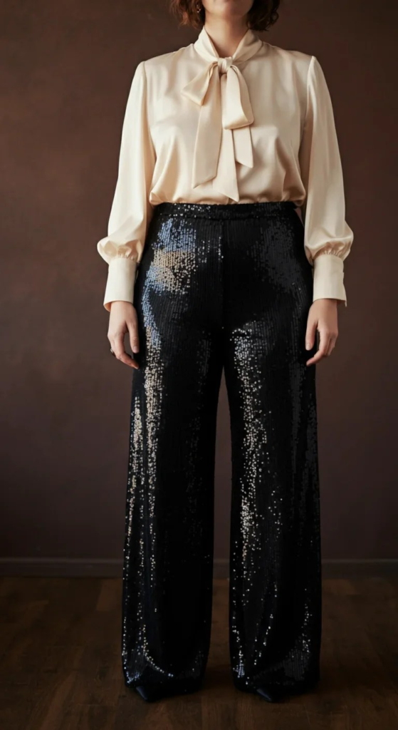 Sequin Pants and Silk Blouse