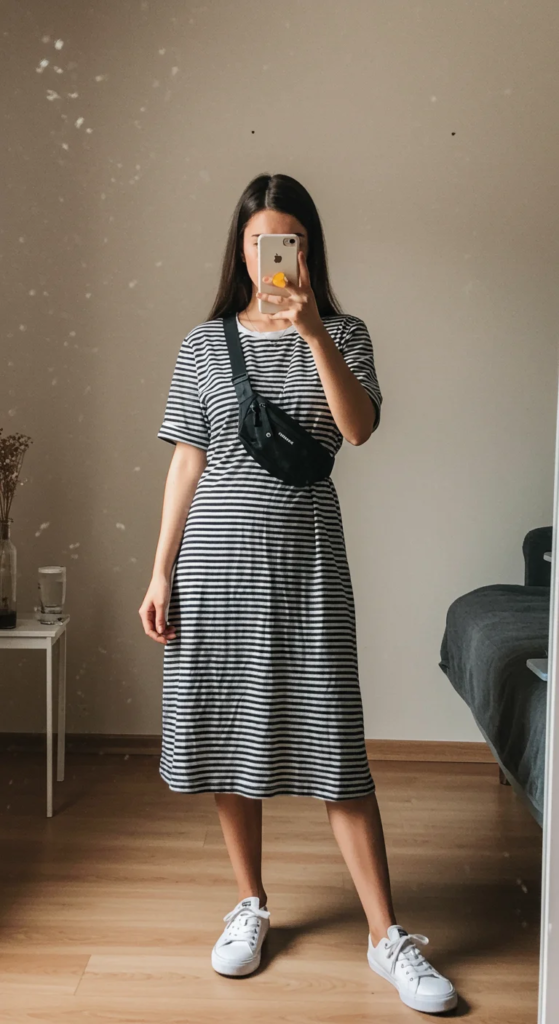 Striped T-Shirt Dress and Sneakers