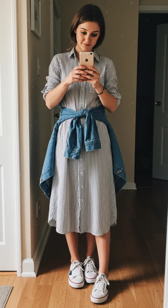 Midi Shirt Dress and Sneakers