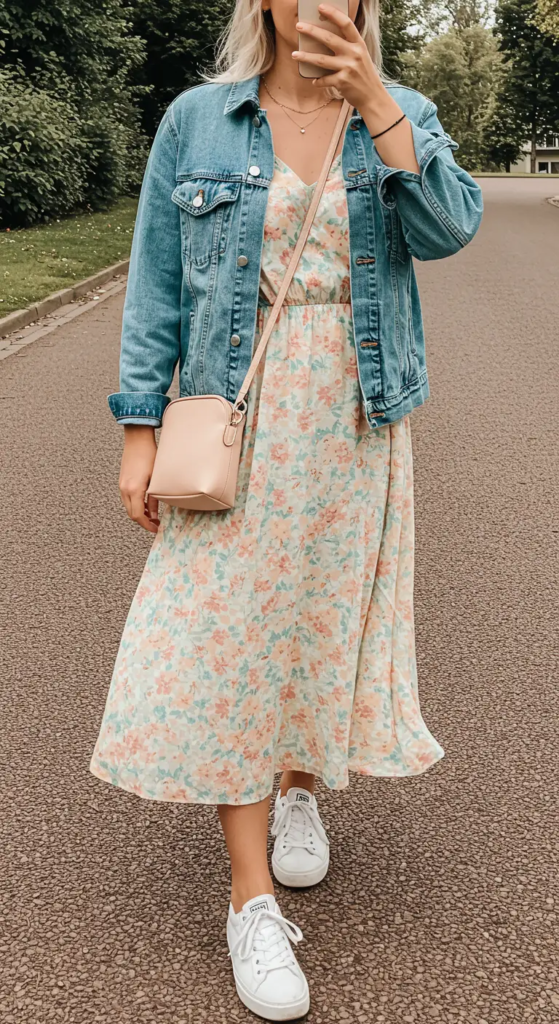 Floral Midi Dress with Denim Jacket