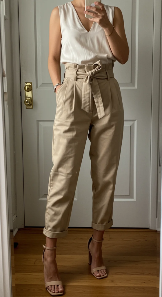 High-Waisted Paper Bag Pants and Sleeveless Blouse