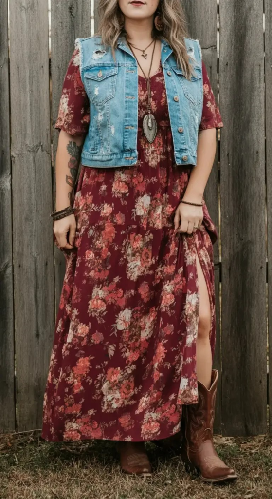 Denim Vest and Floral Maxi Dress