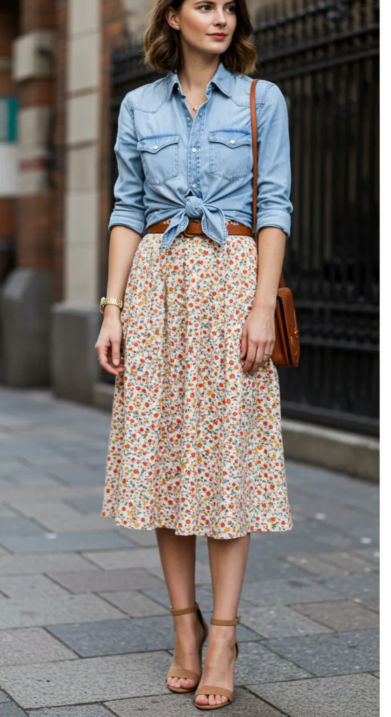 Chambray Shirt and Printed Midi Skirt